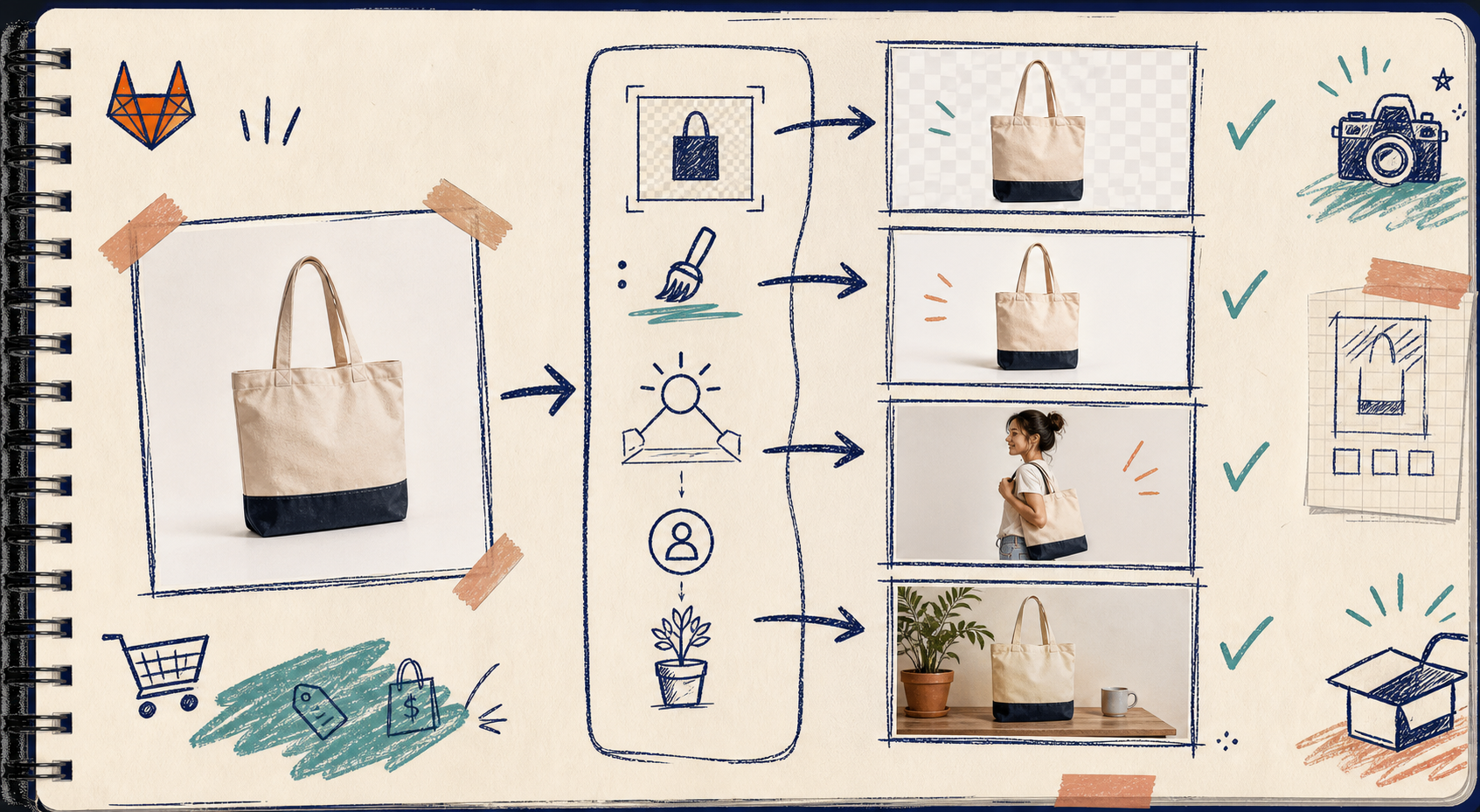 Notebook-style product photo workflow for background removal, enhancement, and scene placement