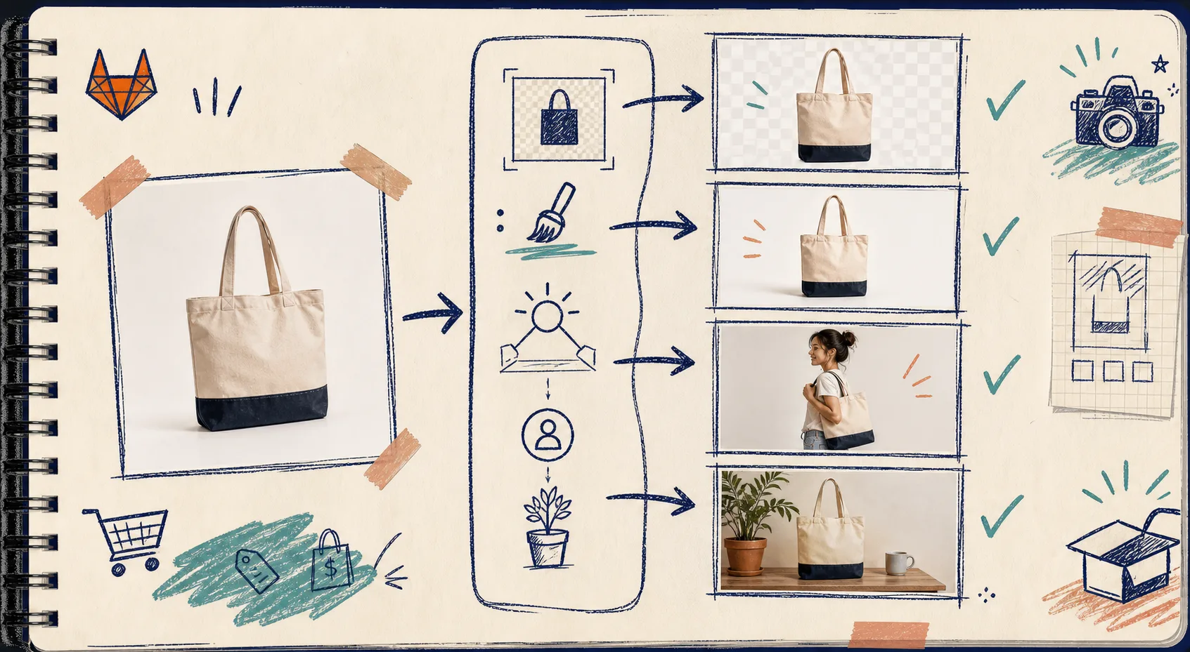 Notebook-style product photo workflow for background removal, enhancement, and scene placement