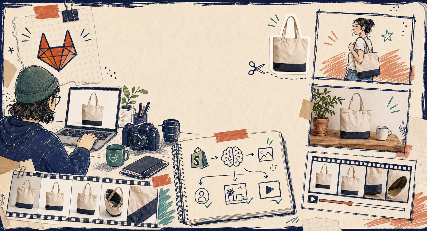 Hand-drawn ecommerce desk scene showing a product image becoming a catalog set and ad clips