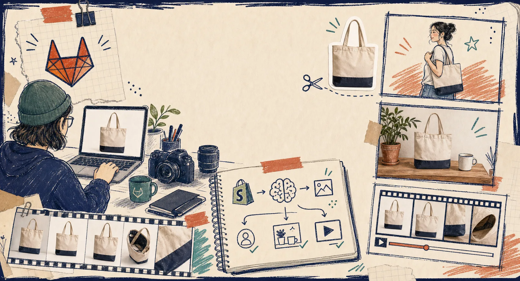 Hand-drawn ecommerce desk scene showing a product image becoming a catalog set and ad clips