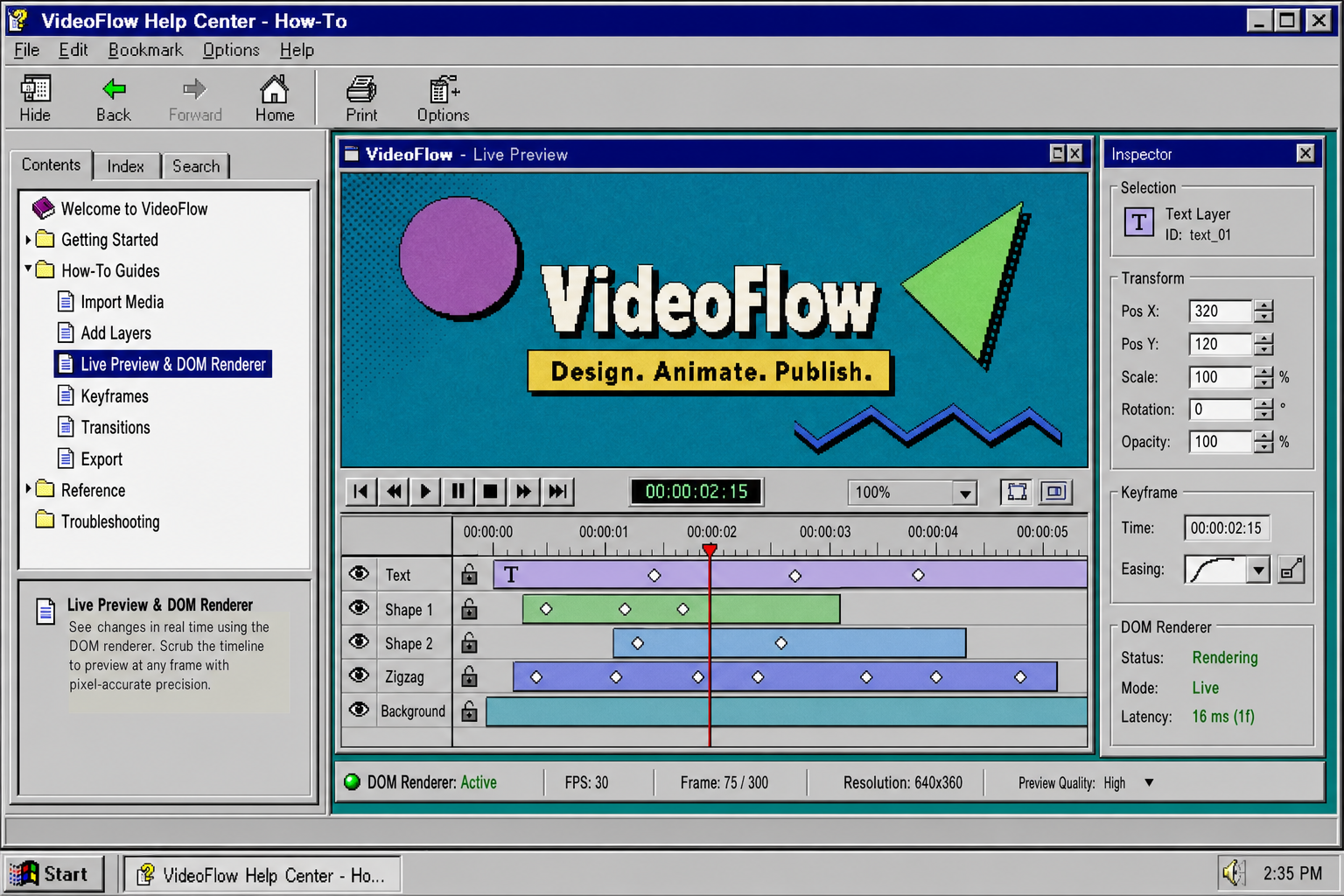 Live preview and DOM renderer in a retro VideoFlow help window