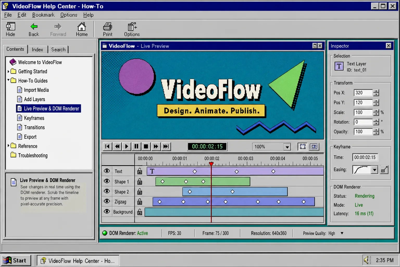 Live preview and DOM renderer in a retro VideoFlow help window