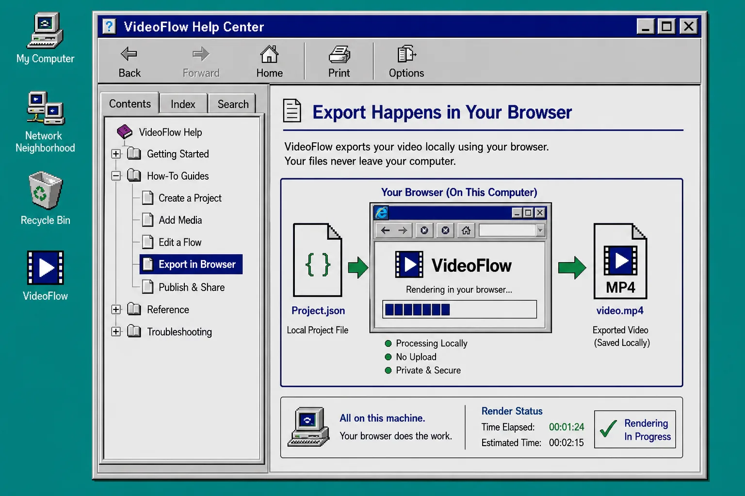 Browser rendering workflow in a Windows 95 style VideoFlow window