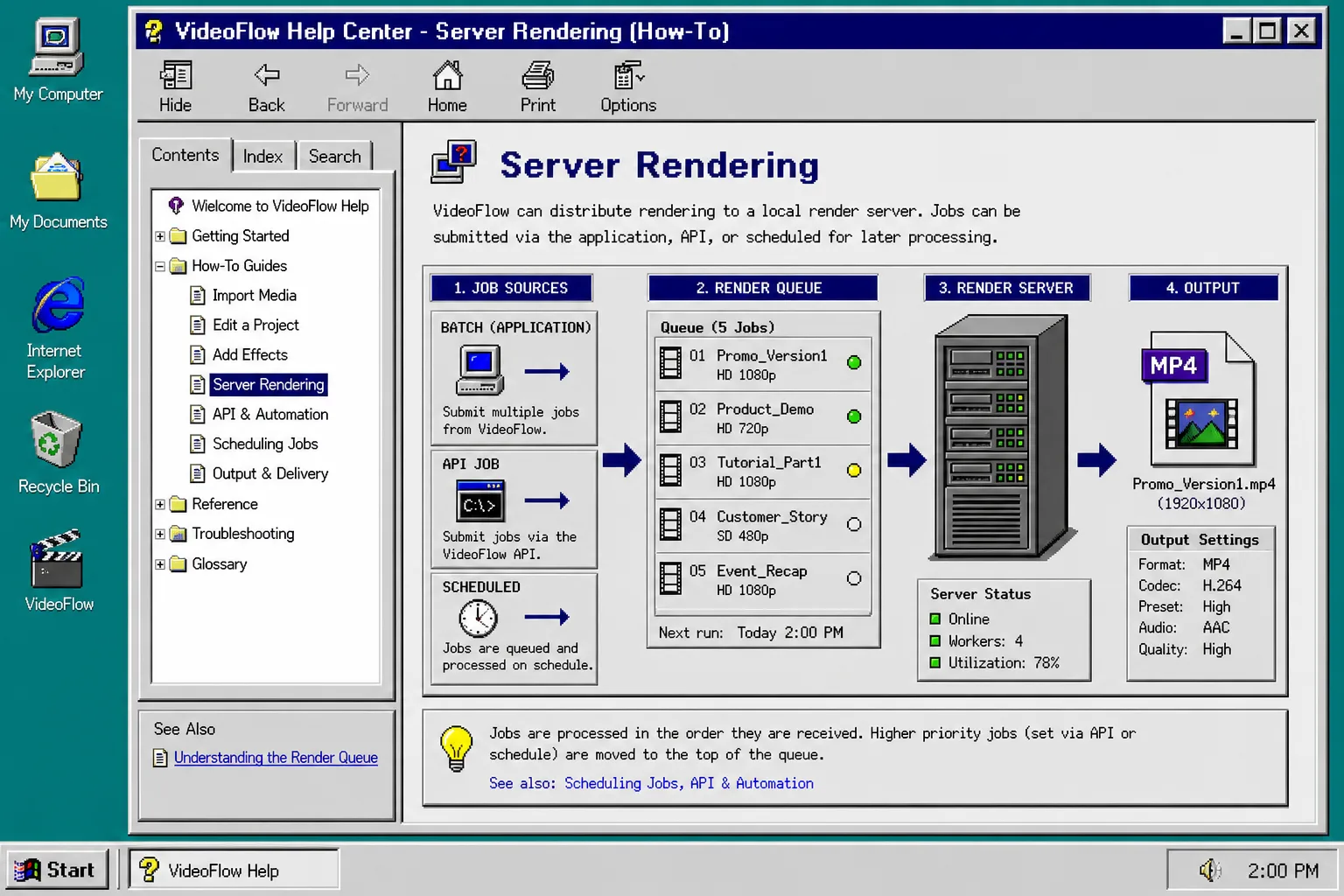 Server rendering workflow with queue and output cards