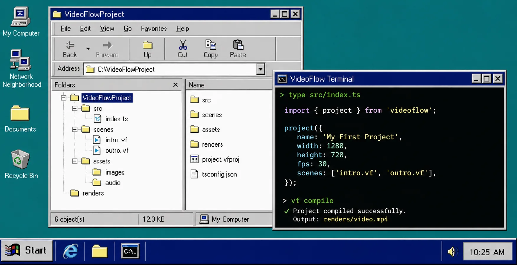 VideoFlow project setup in a Windows 95 file explorer