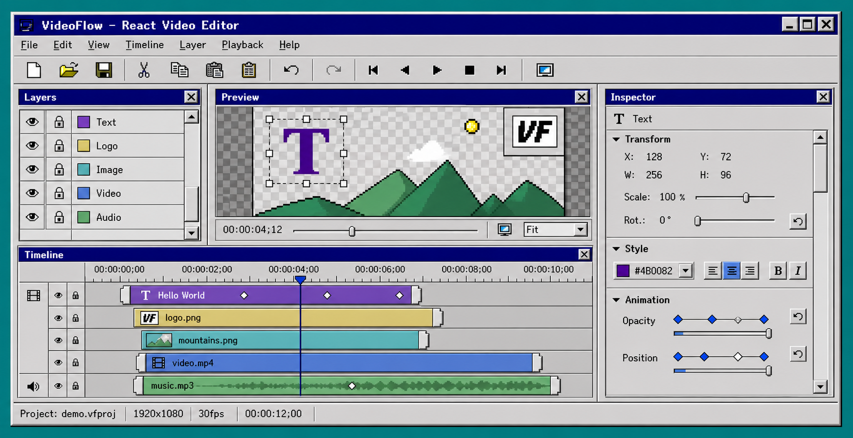 VideoFlow React video editor with timeline and inspector