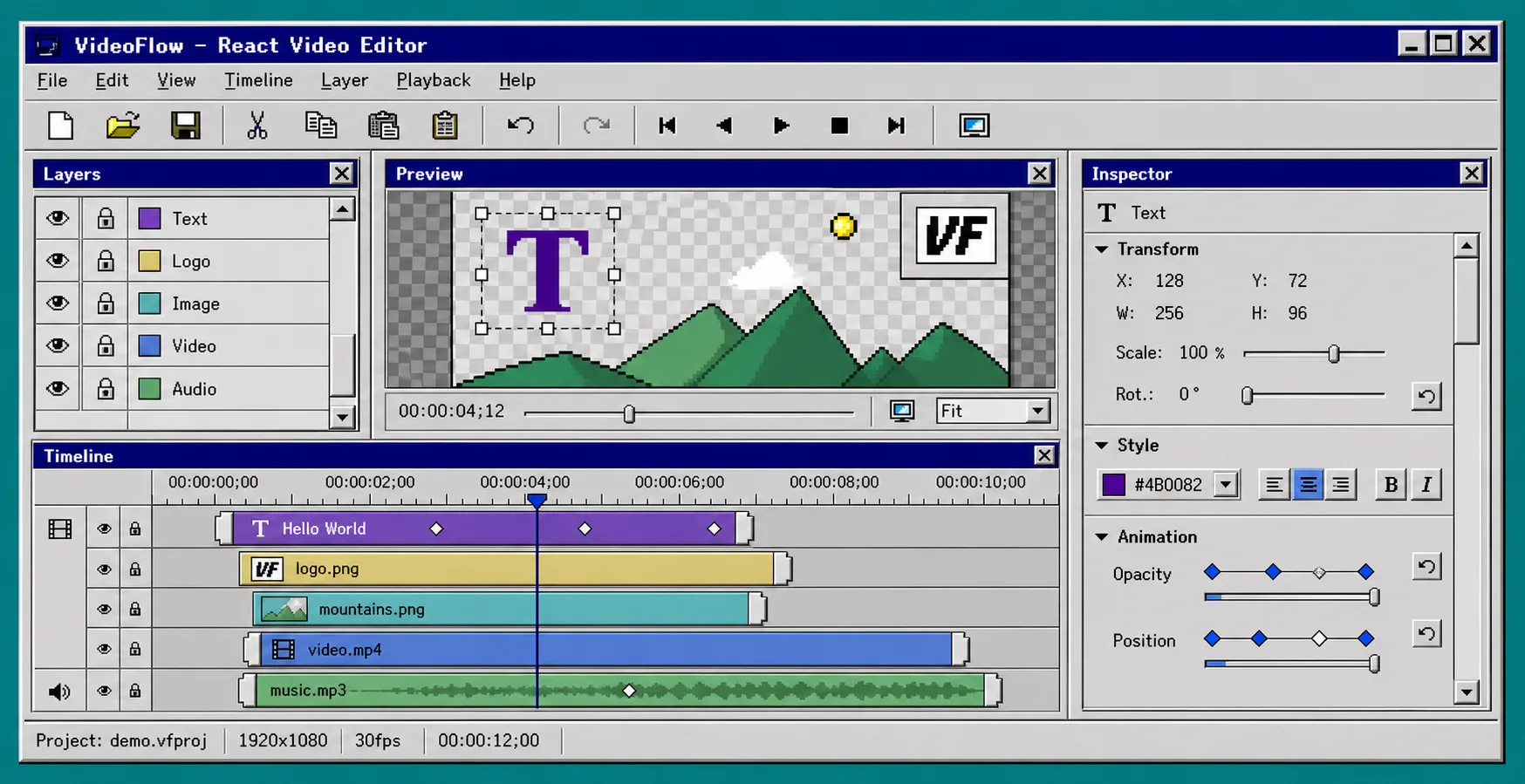 VideoFlow React video editor with timeline and inspector