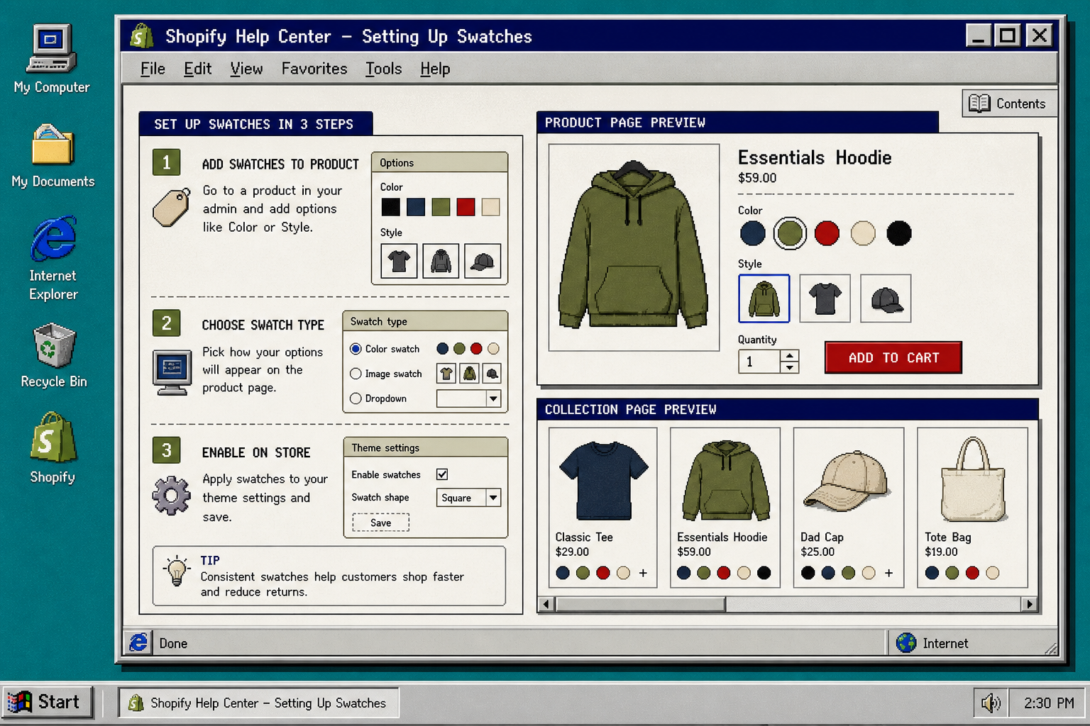 Retro setup screen for Shopify swatches