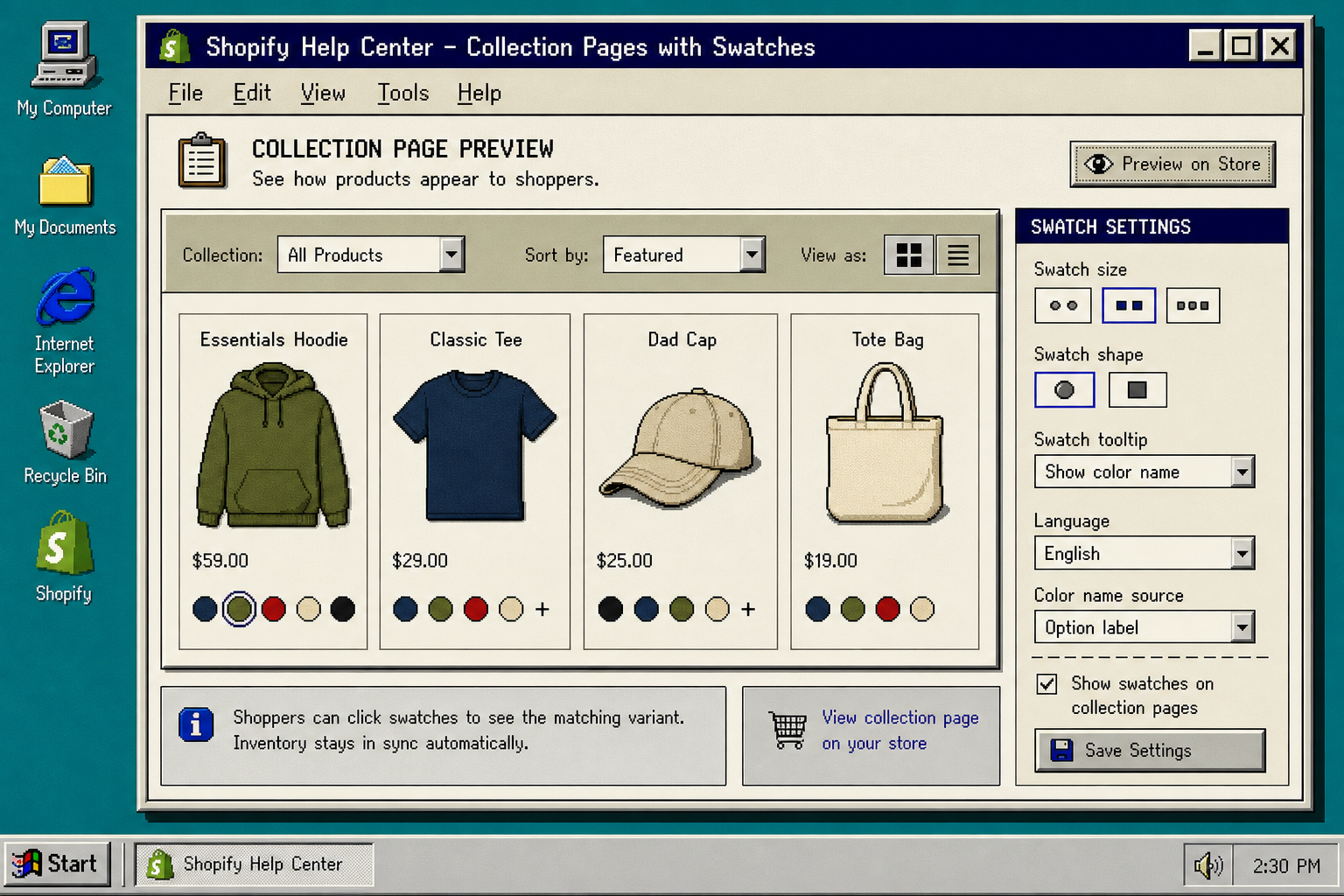 Retro collection page swatch layout for Shopify