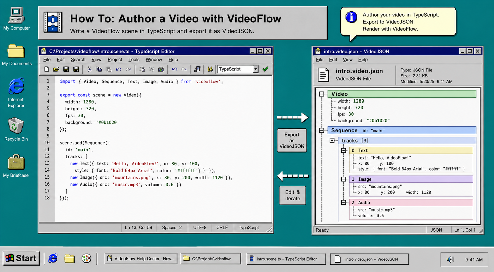 TypeScript to VideoJSON workflow in a retro desktop window