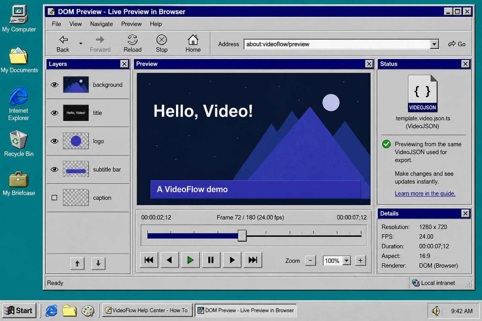 Live DOM preview for a VideoFlow scene in a browser-like window