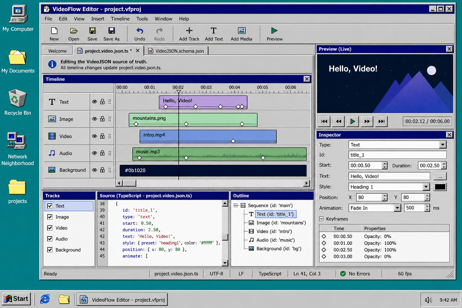 VideoFlow editor with timeline tracks, inspector controls, and live preview