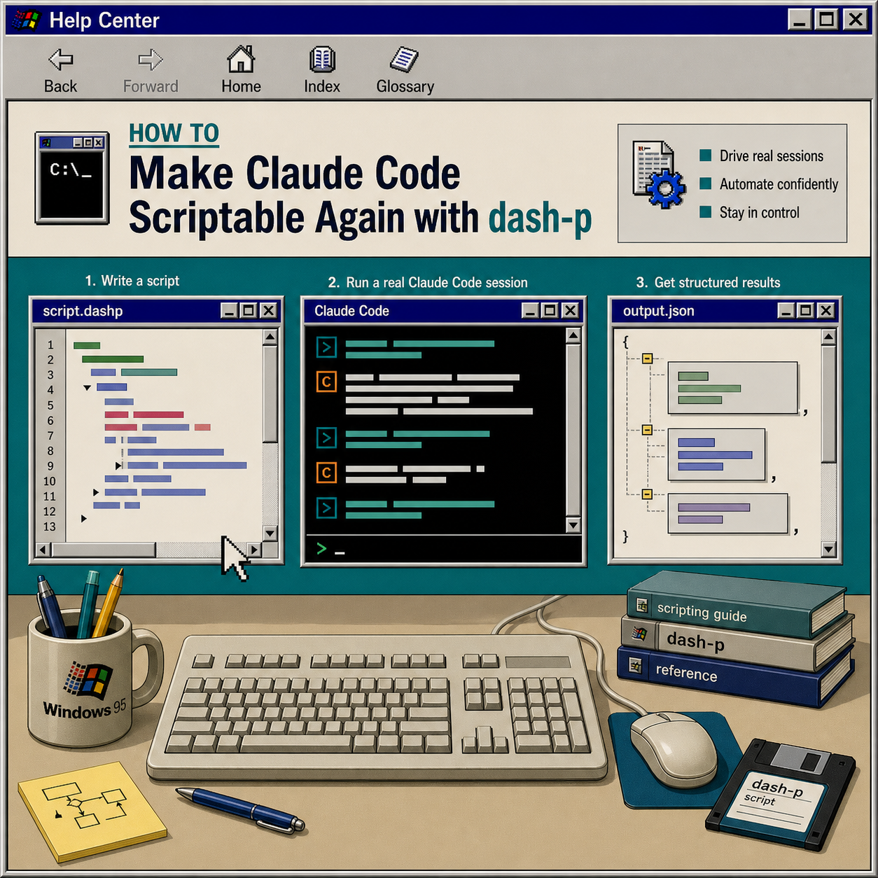 Windows 95 help-center illustration showing dash-p script, terminal, and output