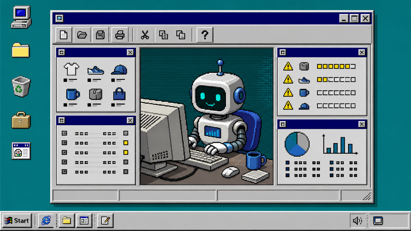 Retro Windows 95 command center for a Shopify AI assistant
