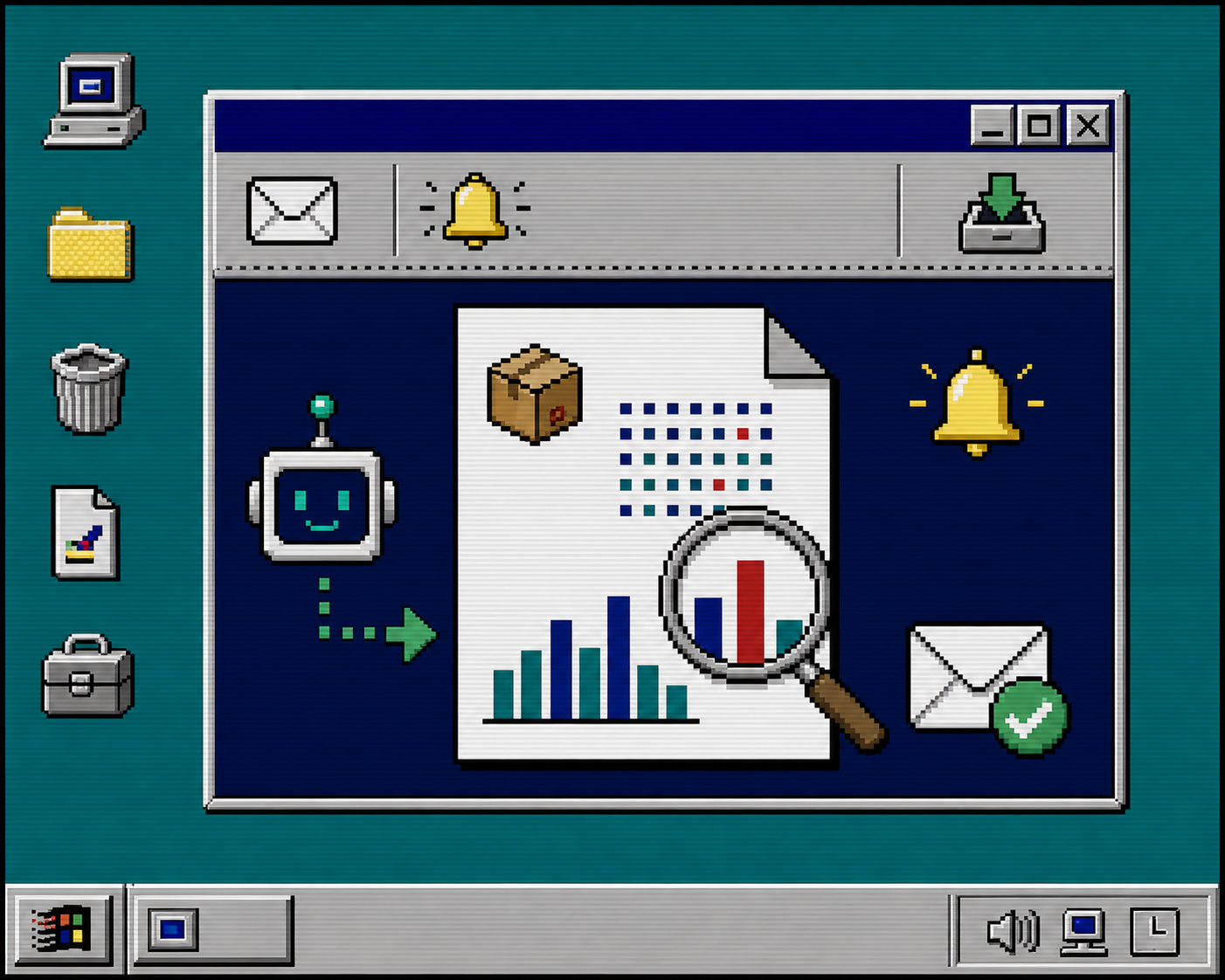 Retro morning report with inventory alerts and an anomaly magnifier
