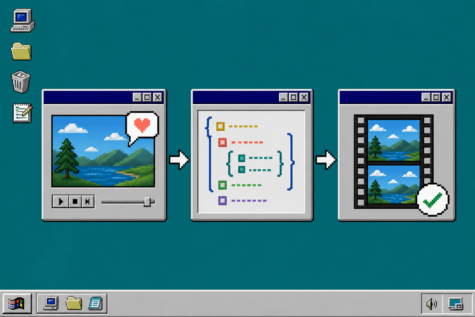 Windows 95-style feedback-to-VideoJSON workflow diagram