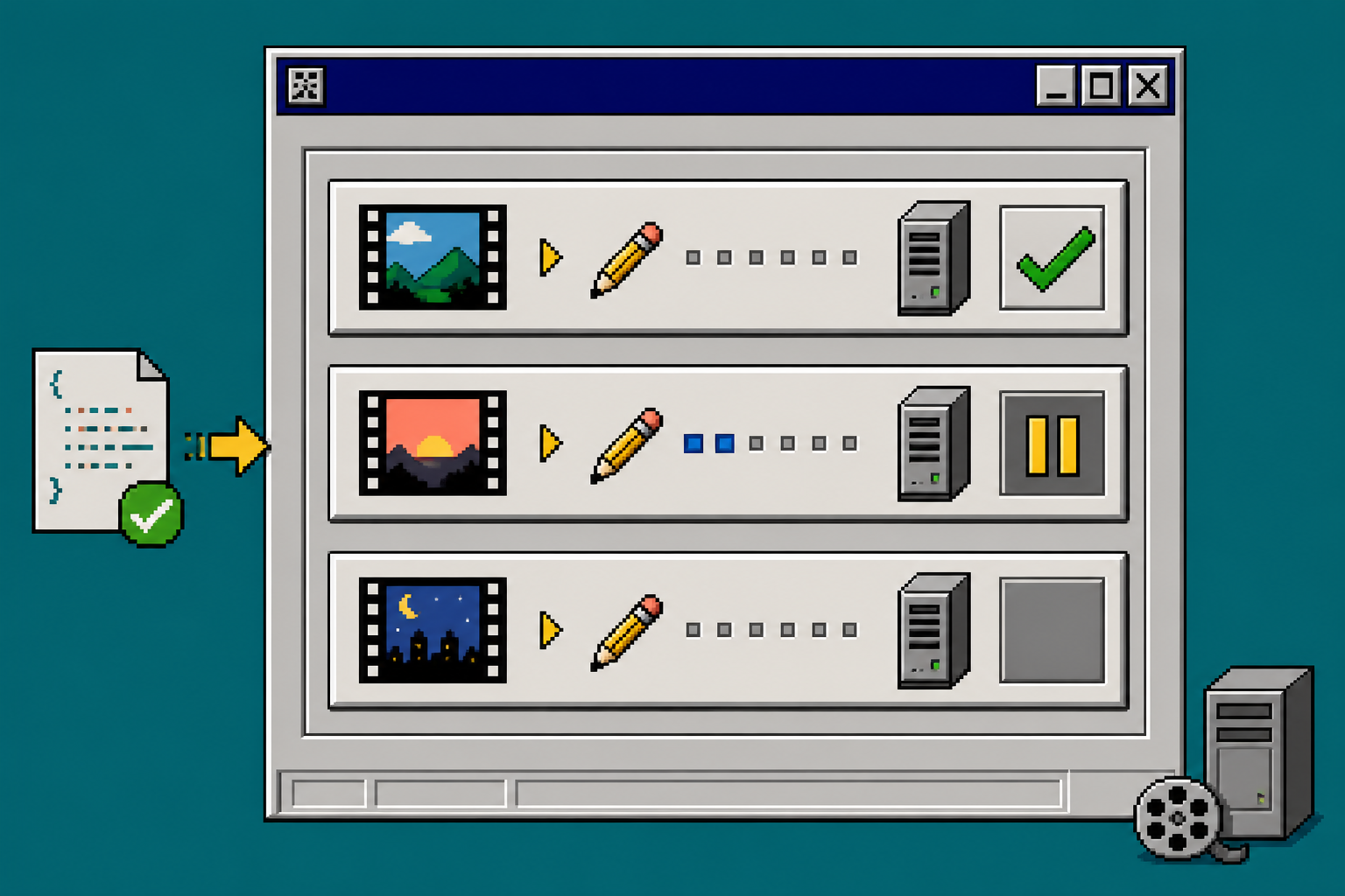 Windows 95-style approved video render queue