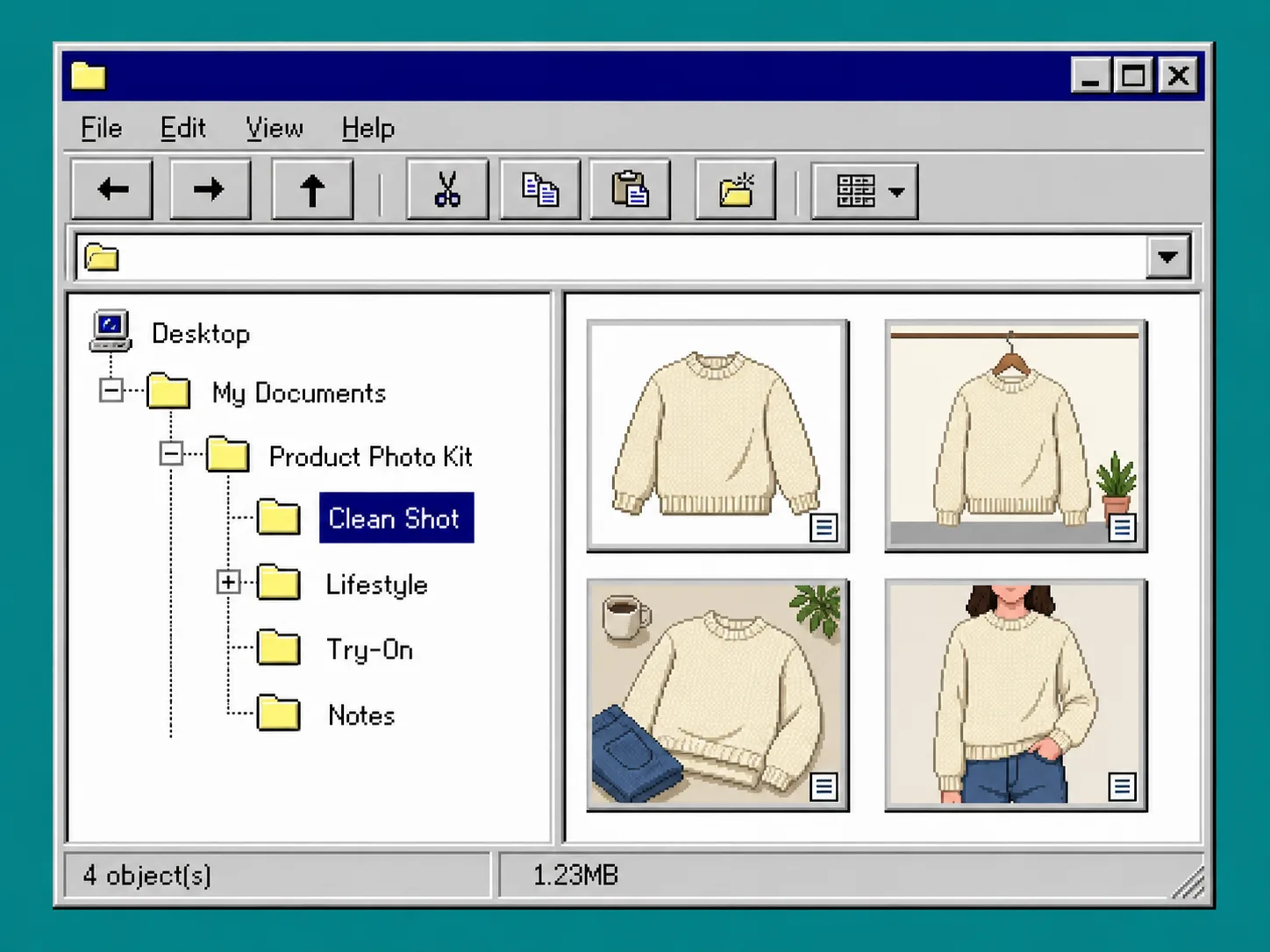 Retro file explorer organizing a product photo kit