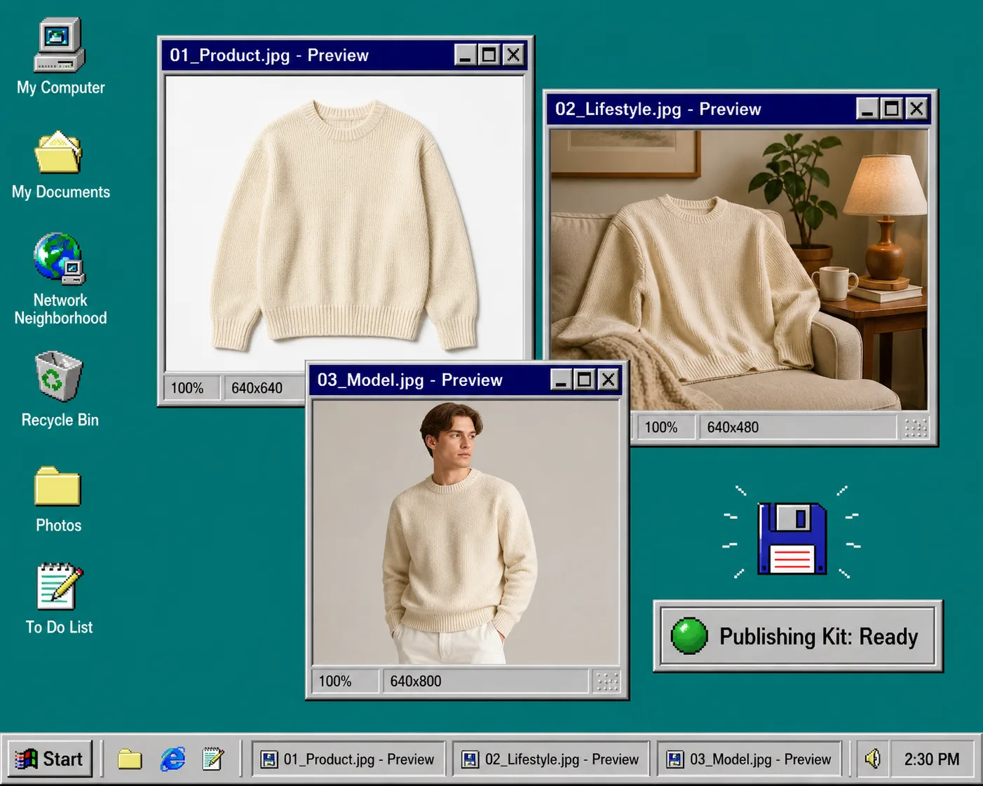 Retro desktop previews of a consistent product photo set