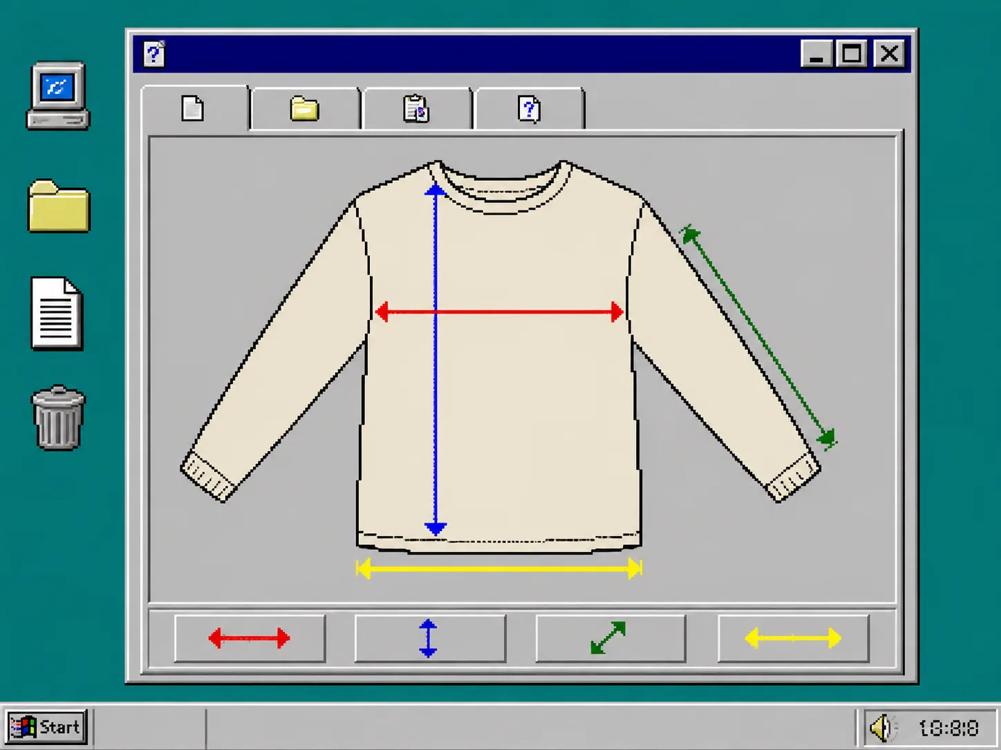 Flat garment measurement points in a retro help-center diagram