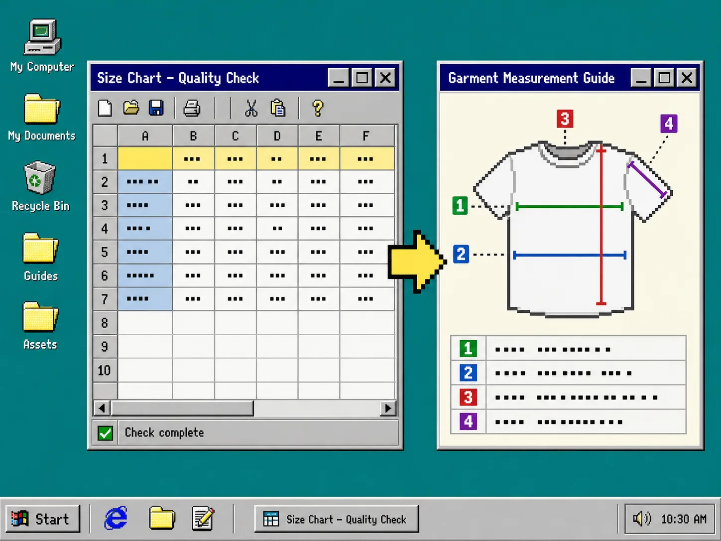 A size-chart table checked against a garment measurement guide