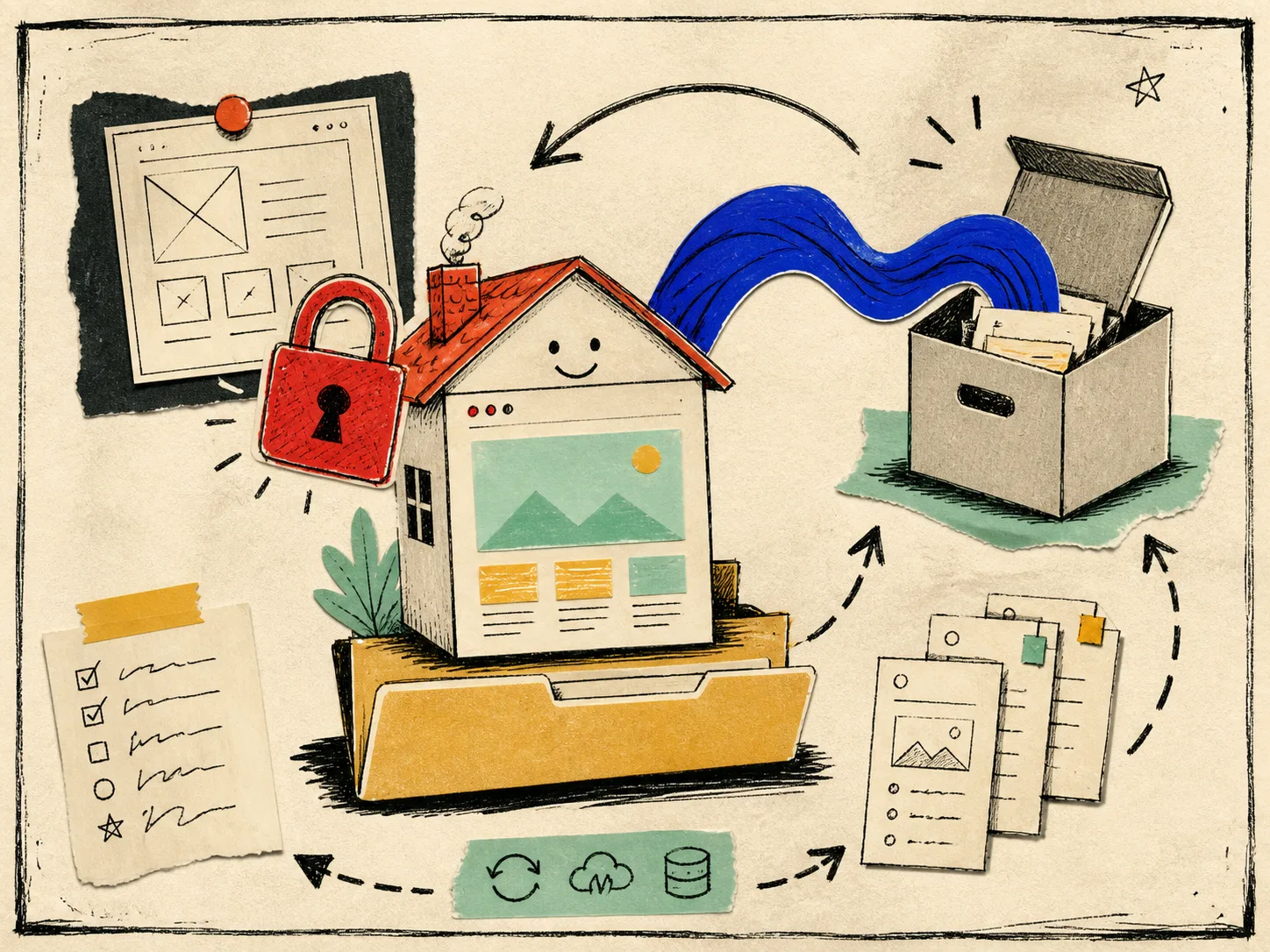 Hand-drawn static site ownership and archive illustration