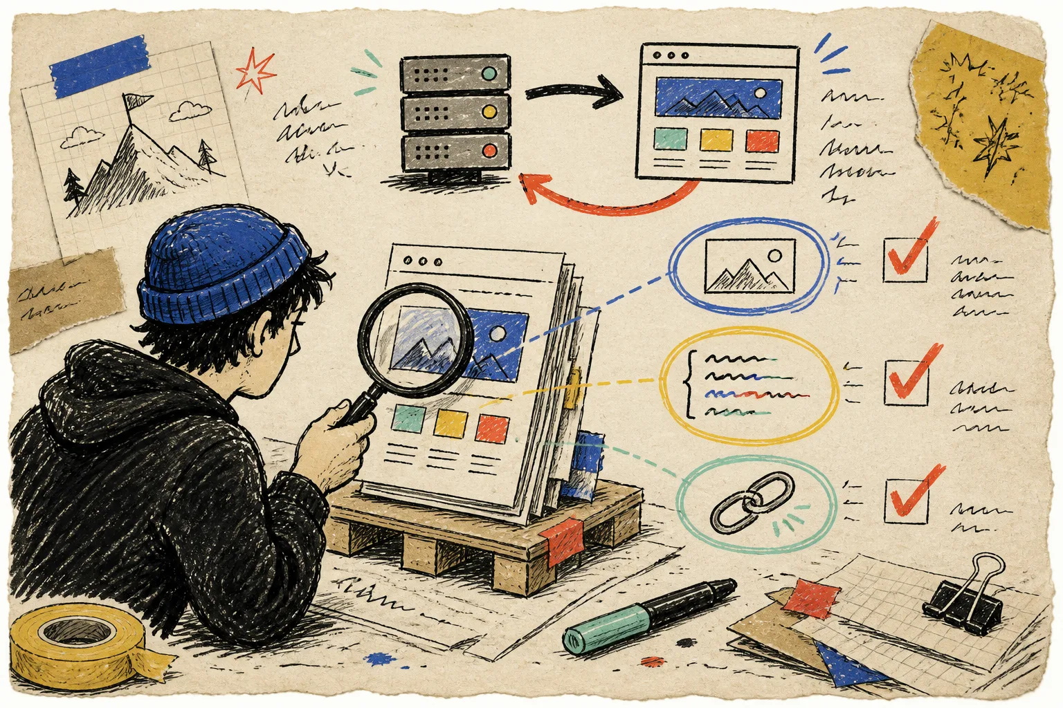 Hand-drawn static website verification workbench
