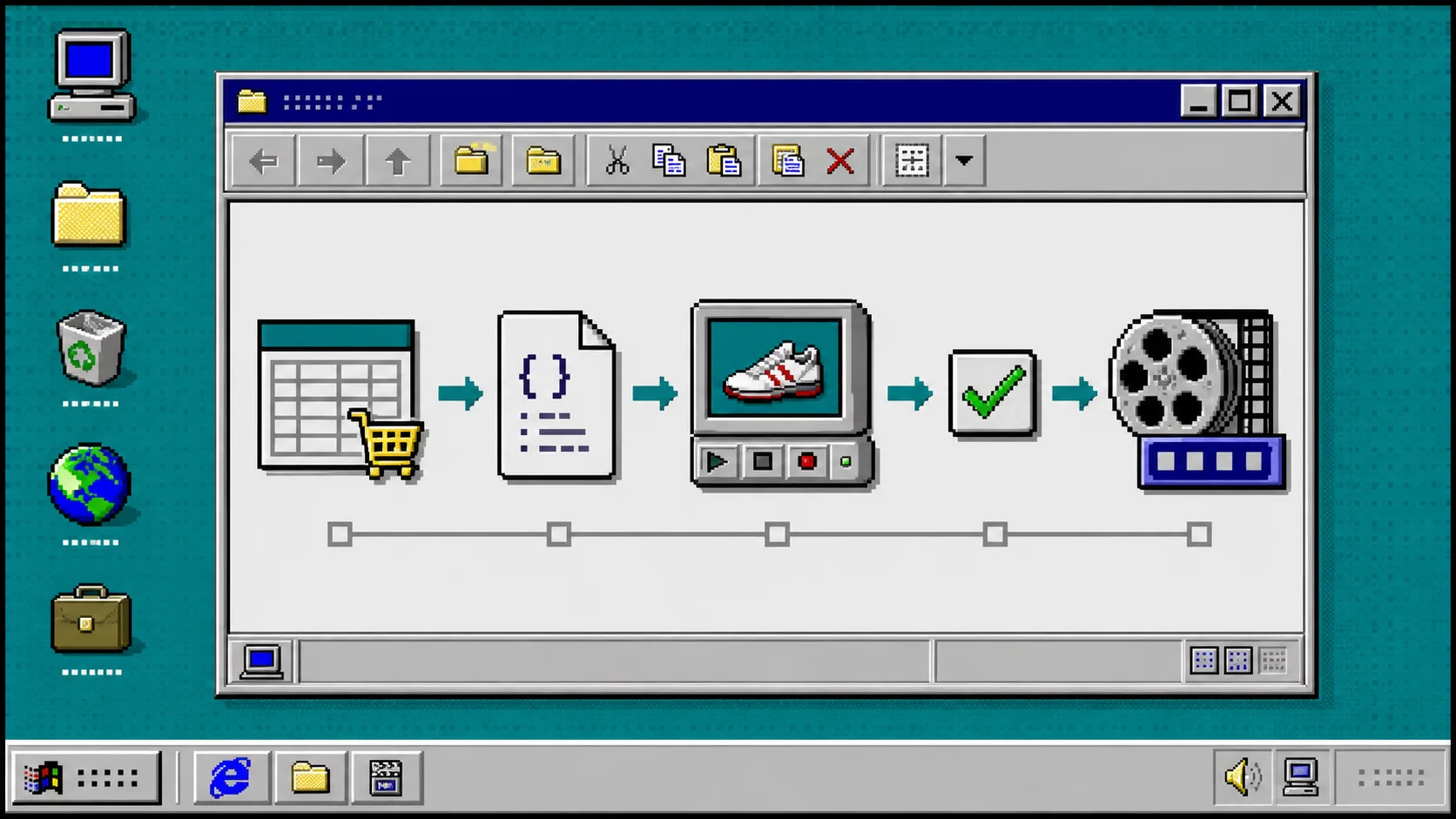 Windows 95 workflow from product catalog data to a reviewed MP4 video