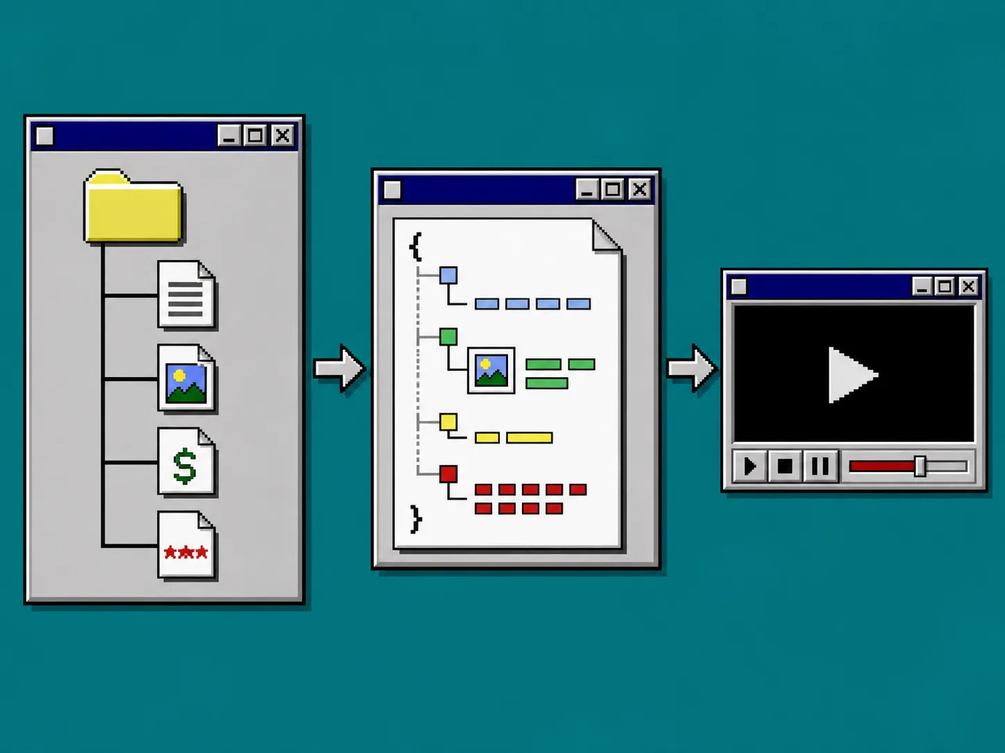 Retro file explorer showing catalog data compiled into a portable video JSON document