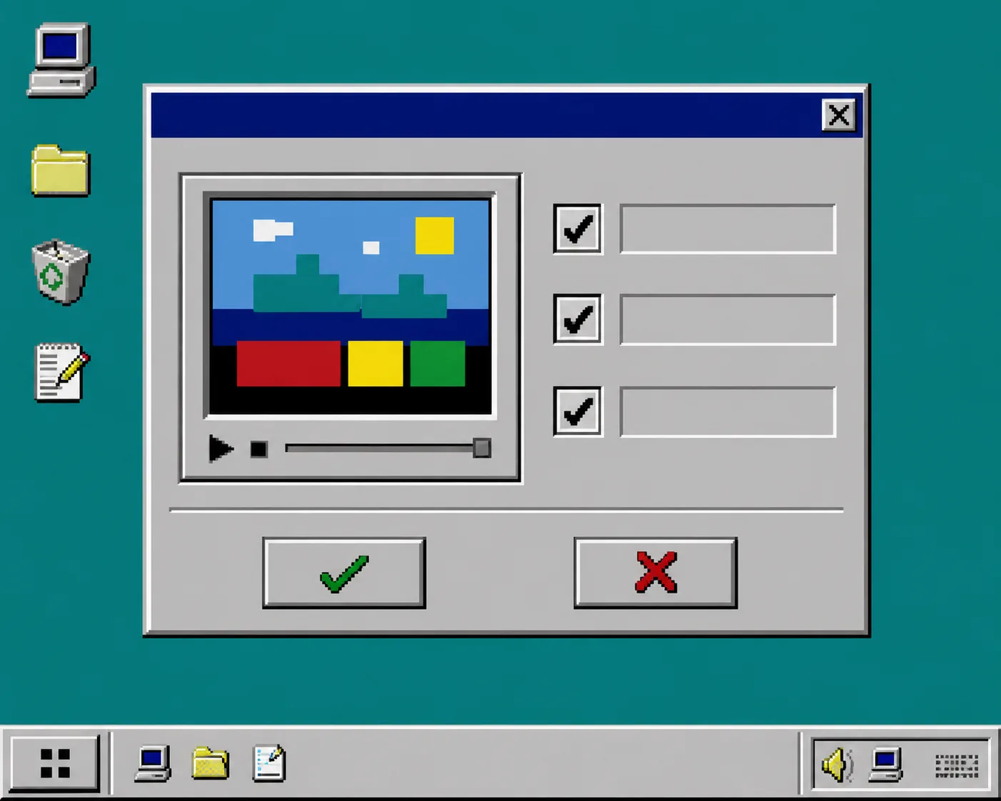 Windows 95 style review dialog for approving or revising a generated video