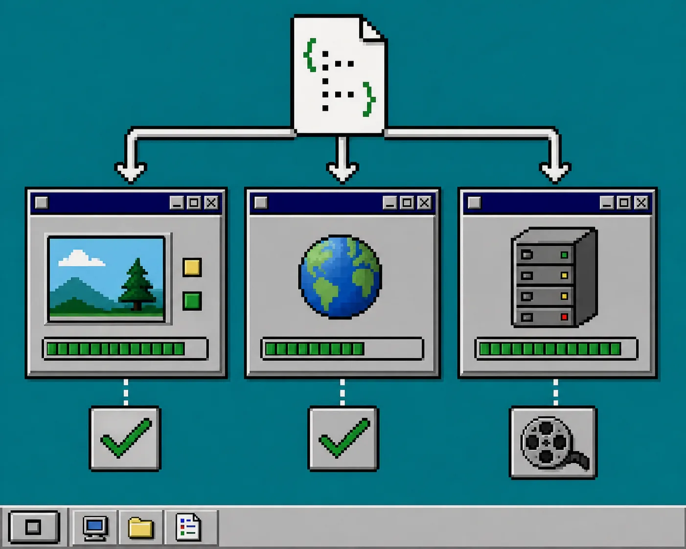 Retro rendering queue showing one video JSON source used for preview browser export and server batch rendering