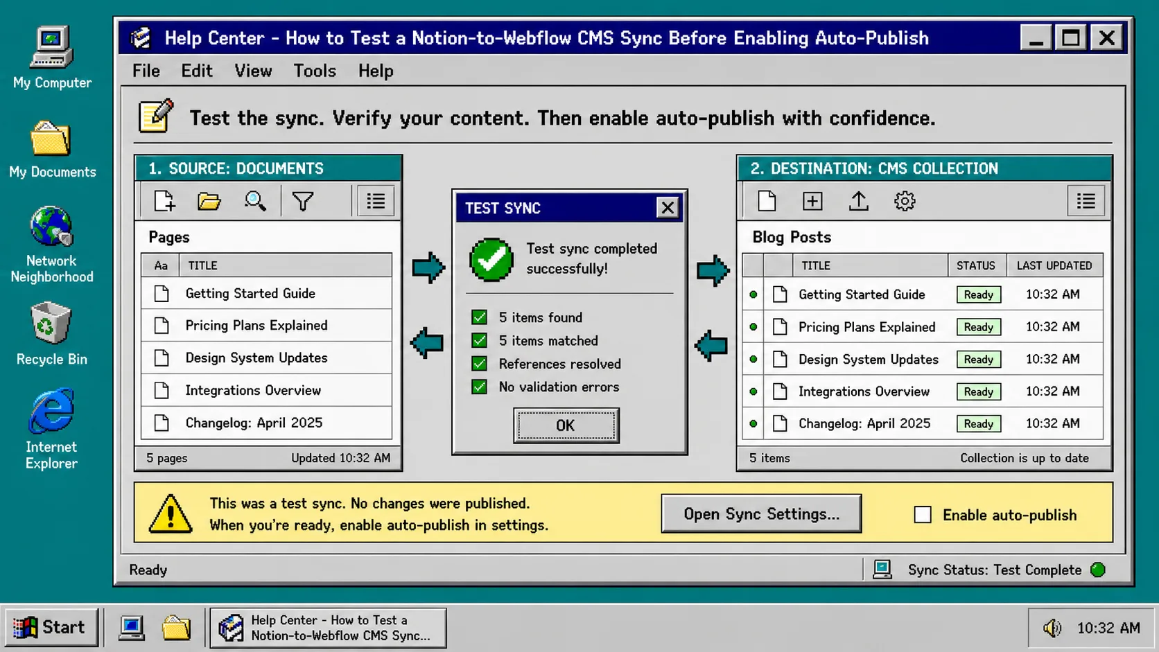 Windows 95 style Notion to CMS test sync workflow