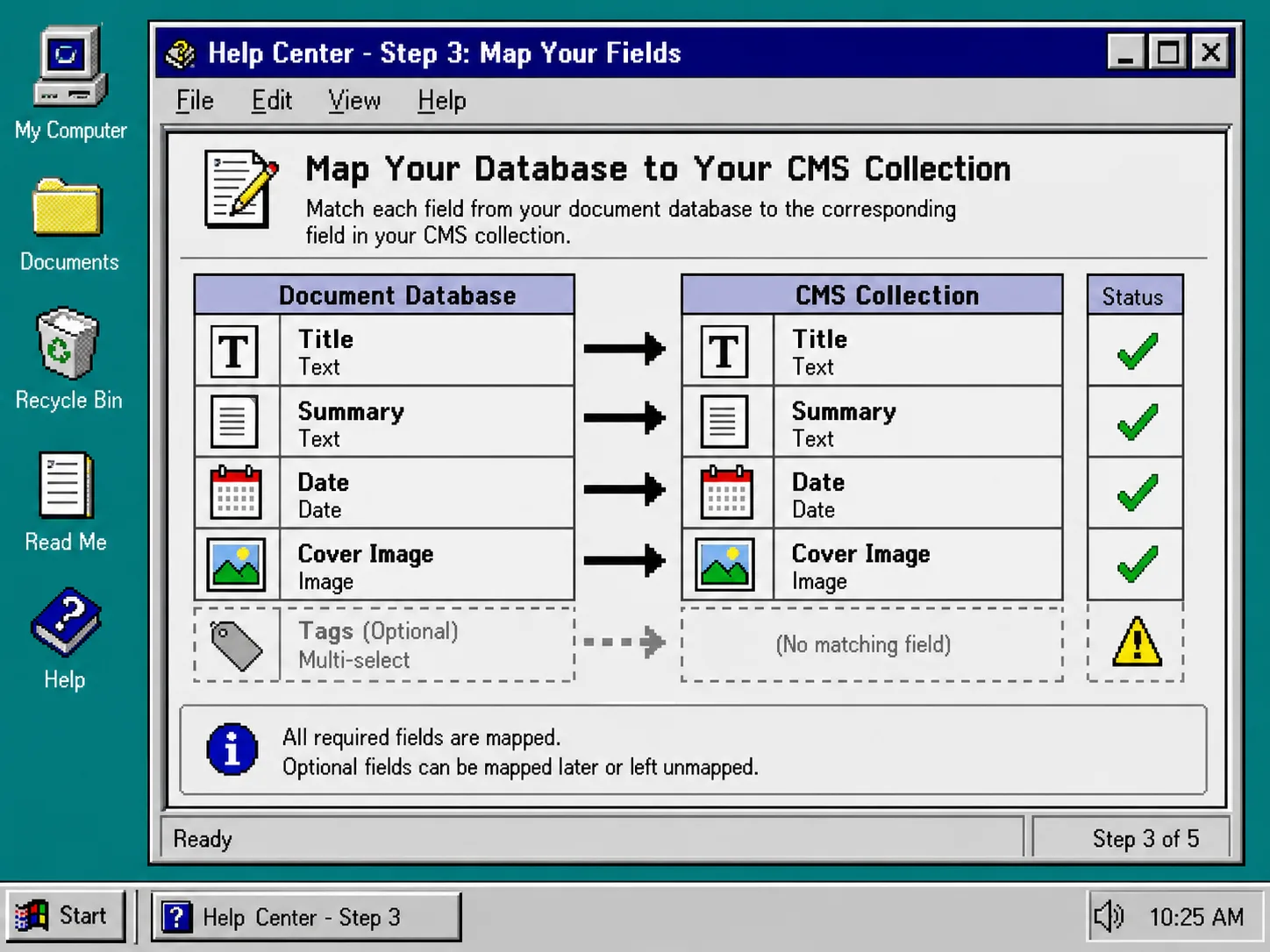 Windows 95 style CMS field mapping checklist