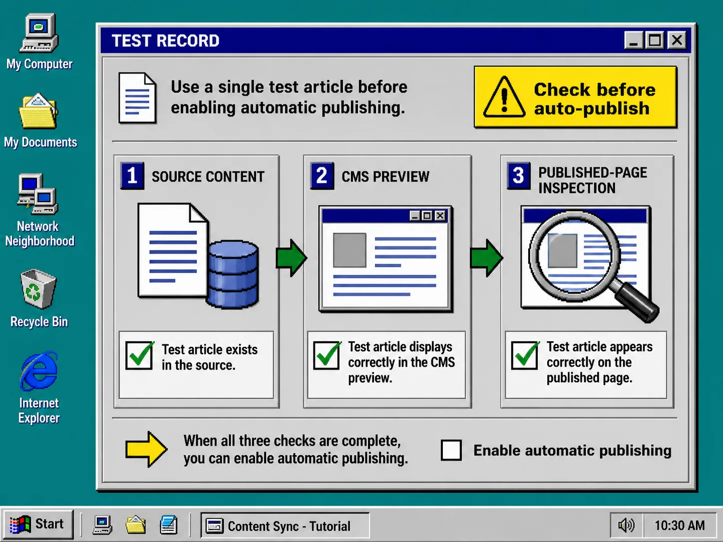 Windows 95 style test record publishing checks