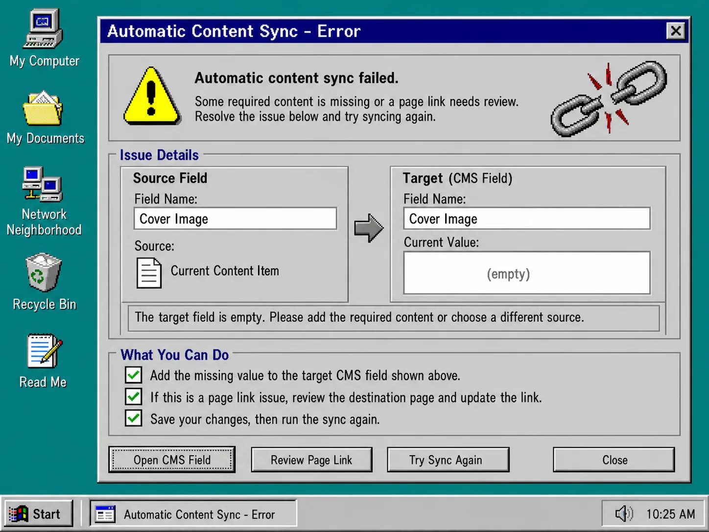 Windows 95 style content sync troubleshooting dialog