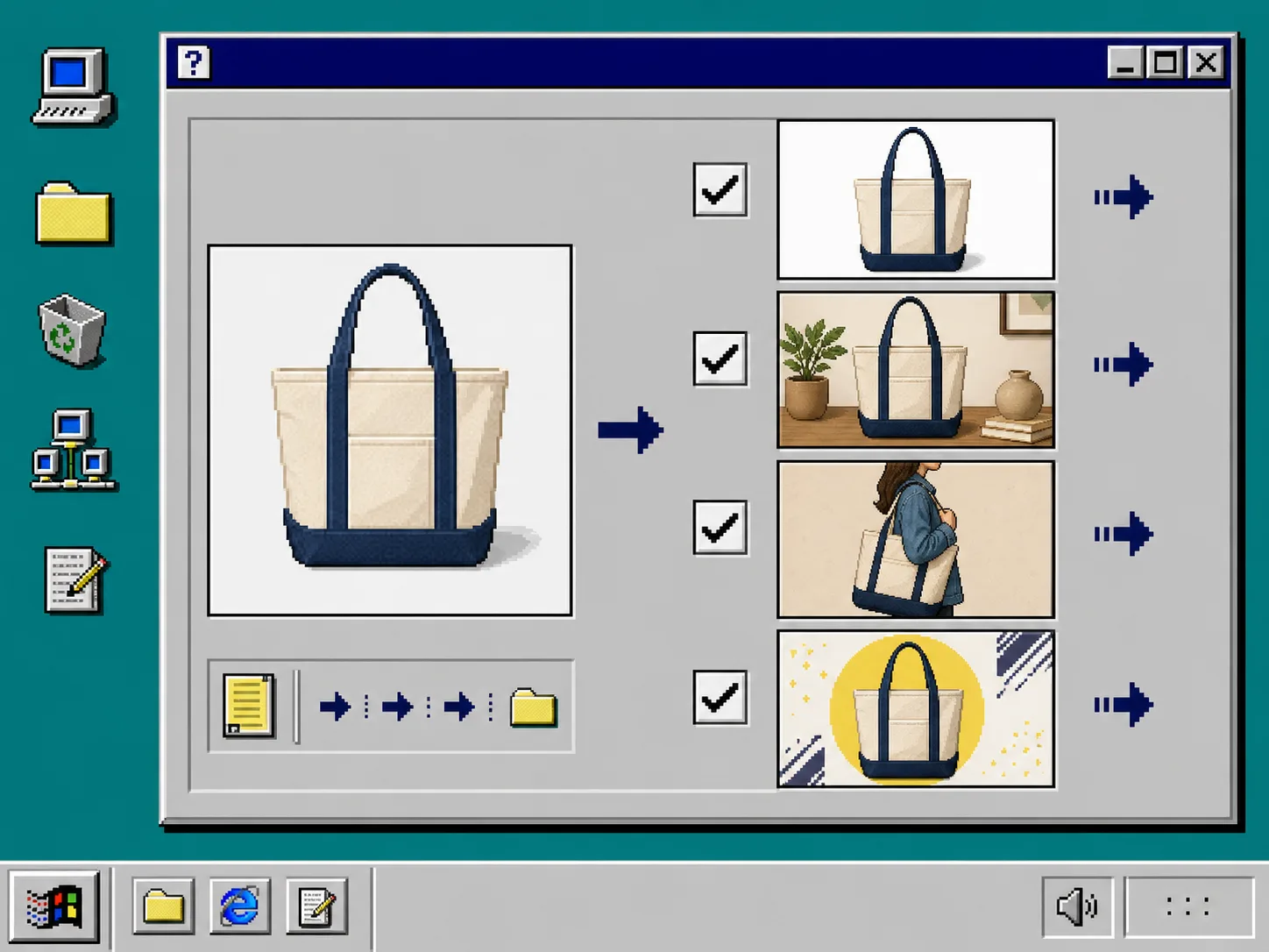 Windows 95 style Shopify product shot list