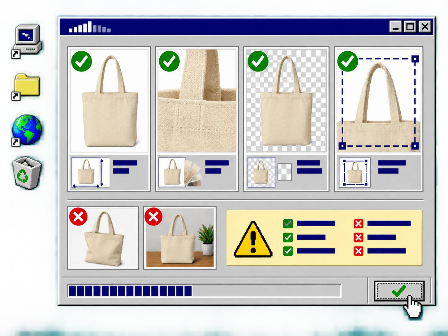 Windows 95 style product image QA checklist