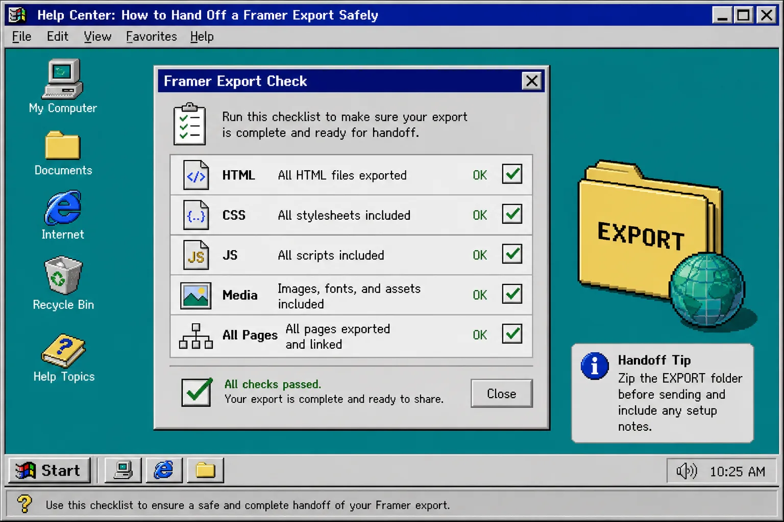 Windows 95 export handoff checklist