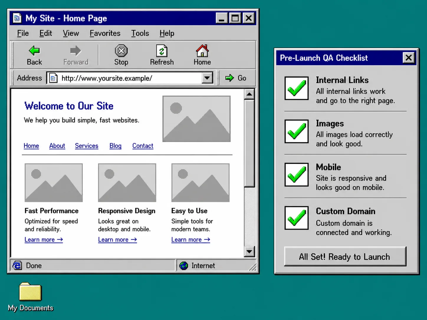 Retro browser and pre-launch QA checklist with green checks