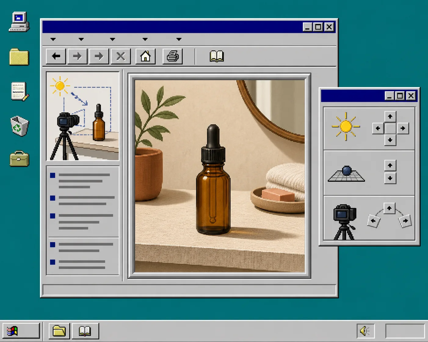 Retro Windows 95 visual showing a product placement brief with lighting and shadow controls