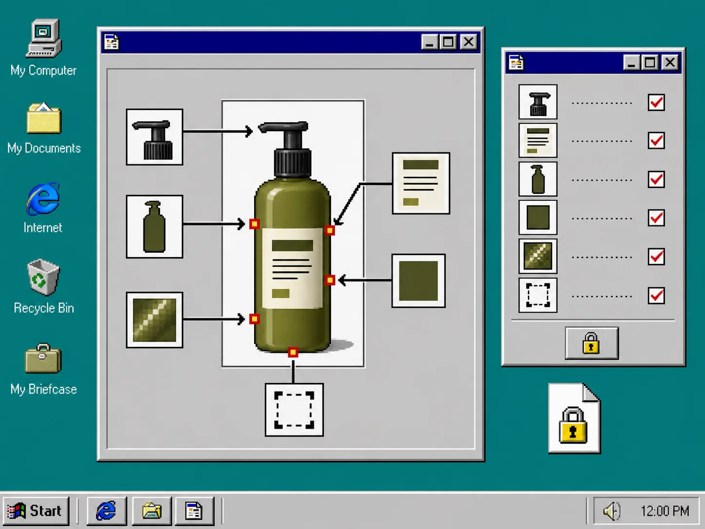 Windows 95 product detail lock sheet before an AI image edit