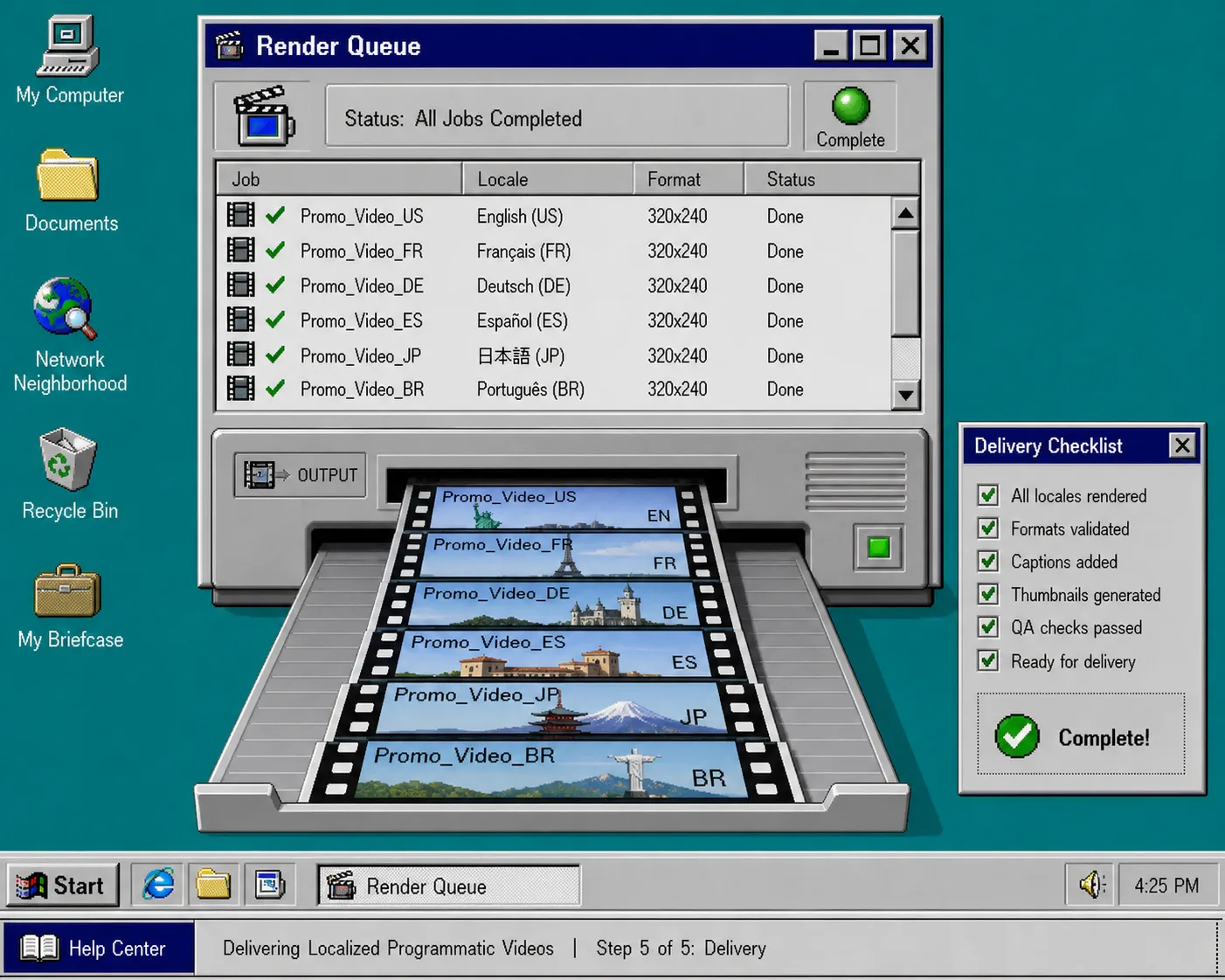 Windows 95-style localized video render queue