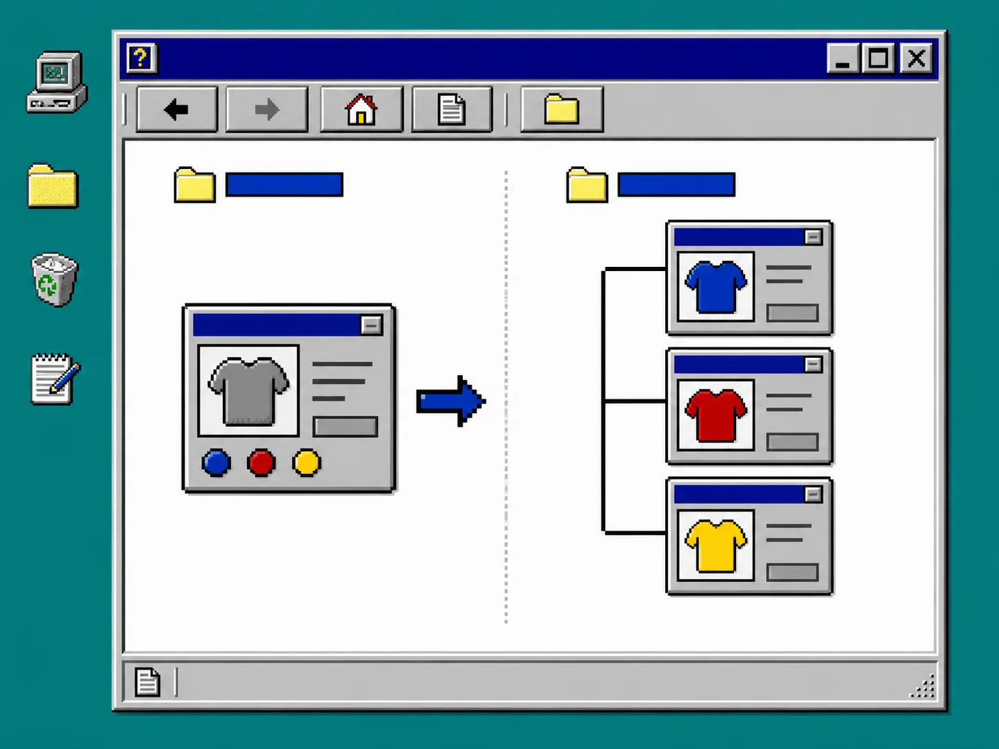 Retro diagram comparing Shopify variants and linked products