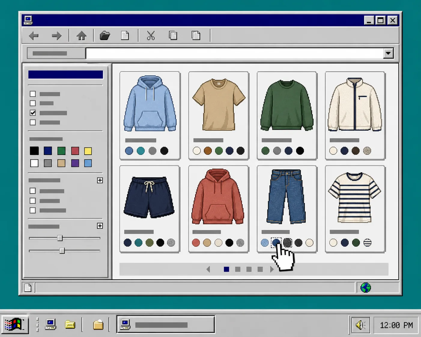 Windows 95 style Shopify collection page with color swatches