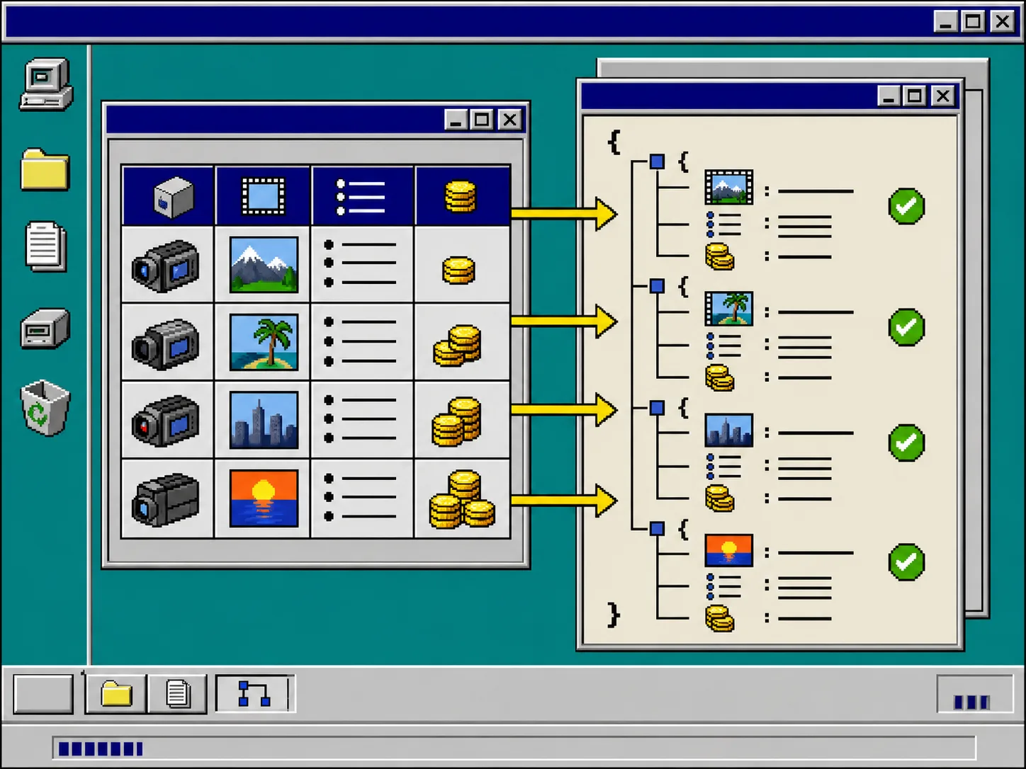 Catalog rows become validated VideoJSON in a retro desktop workflow