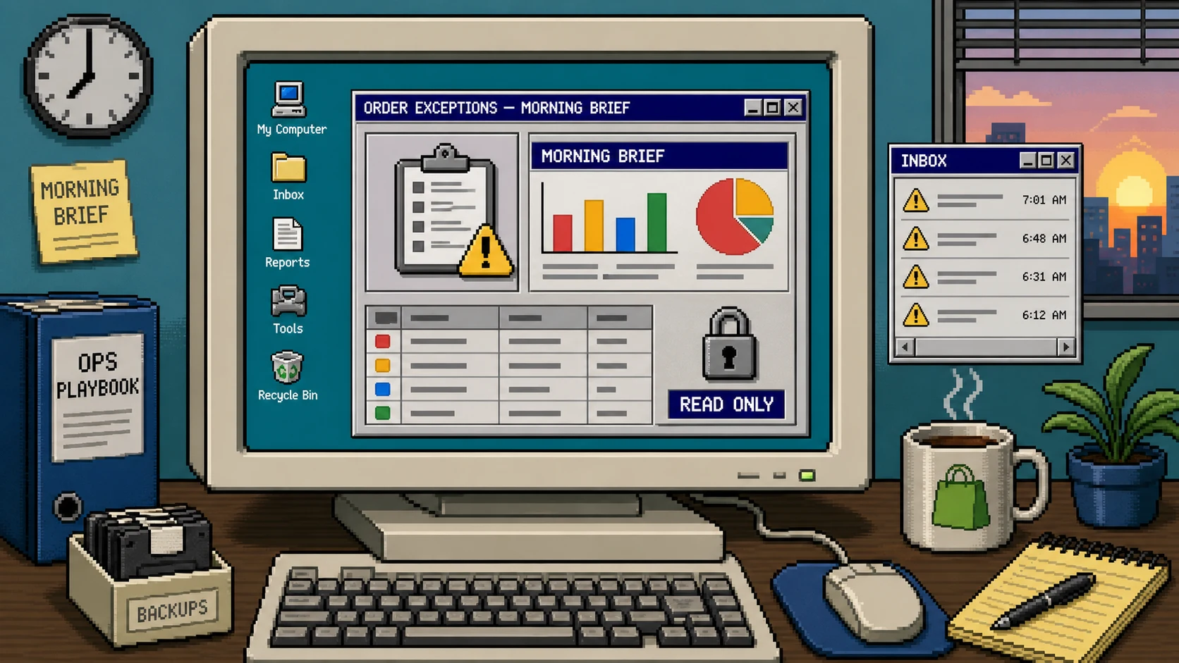 Windows 95 style Shopify order-exceptions morning brief