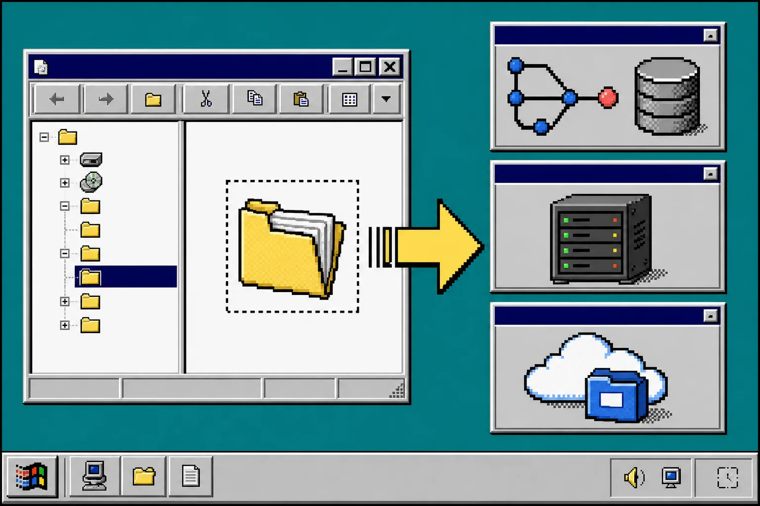 Retro desktop diagram of static site deployment paths