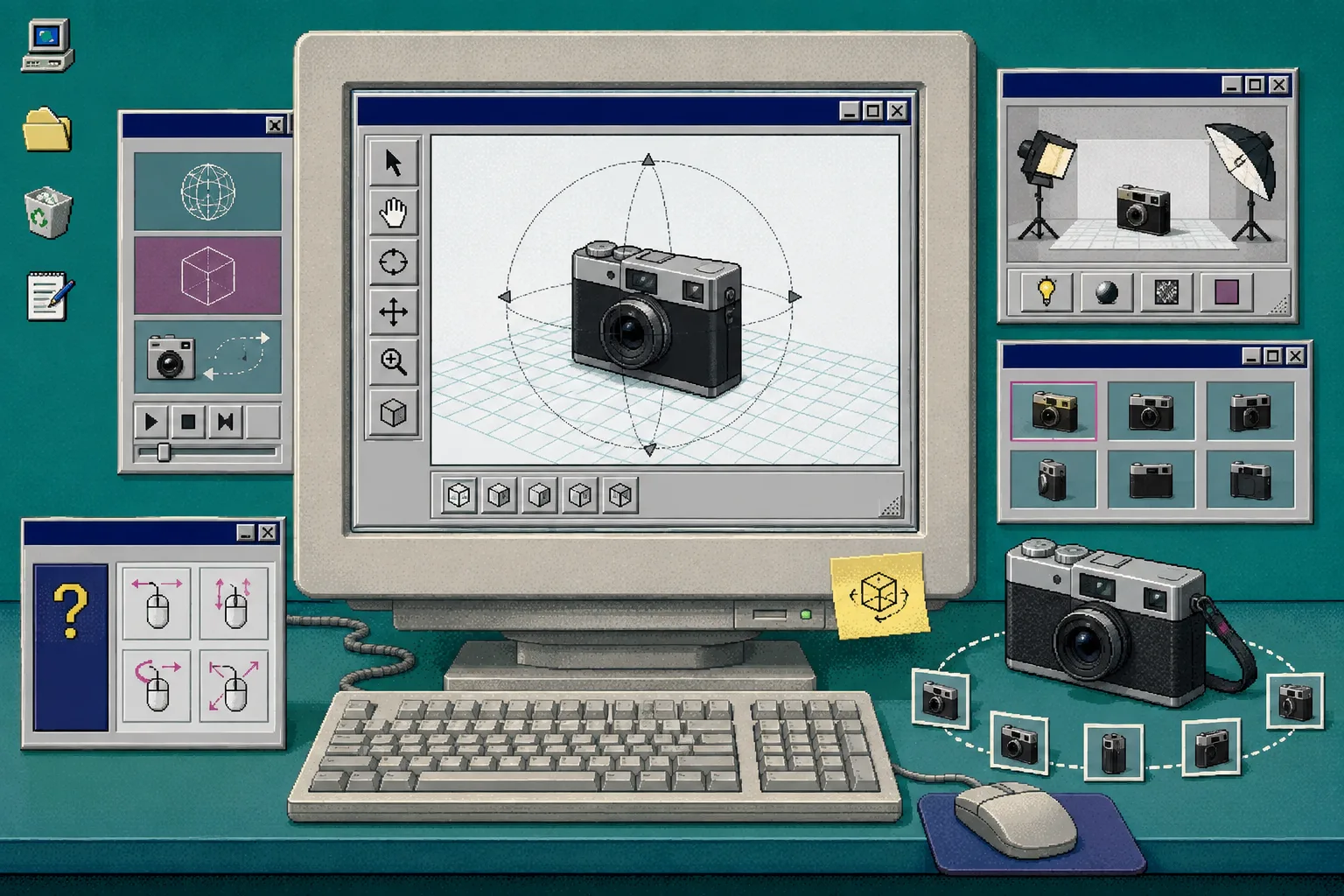 Windows 95 style 3D product media workspace
