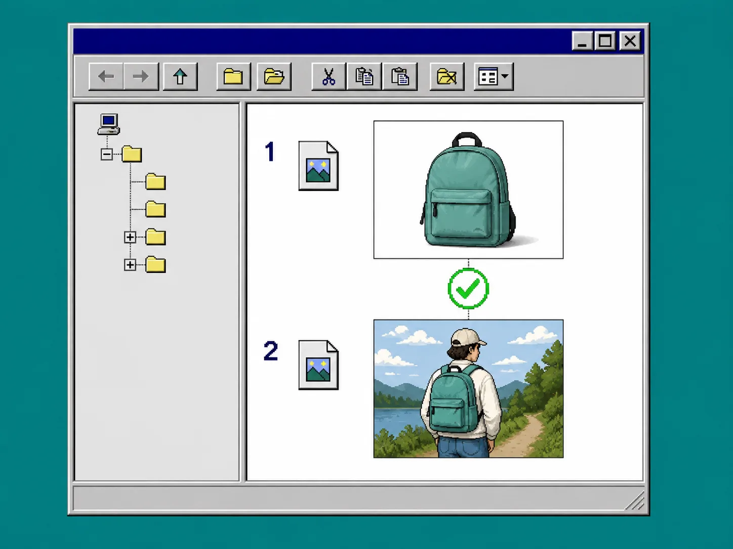 Retro file manager showing a clean product image before a supporting lifestyle image