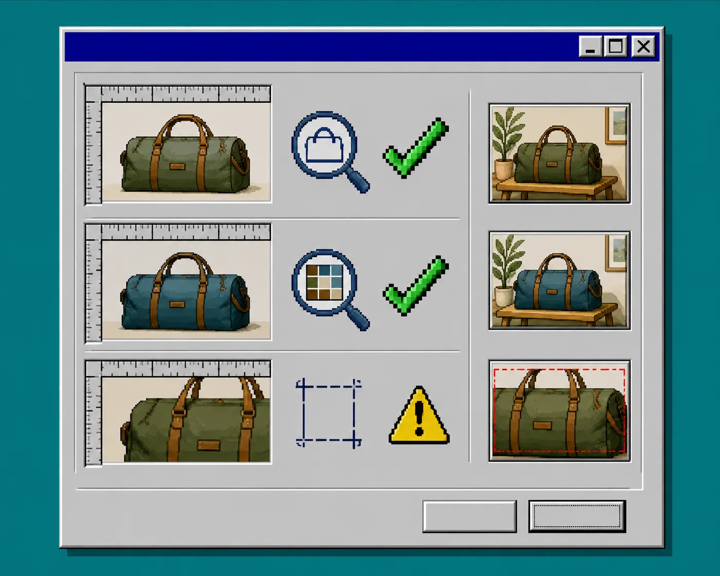 Windows 95 style visual quality check for product shape color and crop